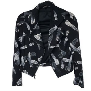 EXPRESS FEATHER PRINT moto jacket black white art to wear XS